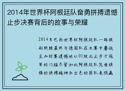 2014年世界杯阿根廷队奋勇拼搏遗憾止步决赛背后的故事与荣耀