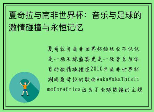 夏奇拉与南非世界杯：音乐与足球的激情碰撞与永恒记忆