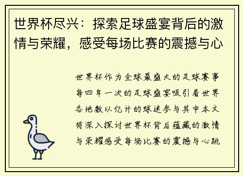 世界杯尽兴：探索足球盛宴背后的激情与荣耀，感受每场比赛的震撼与心跳