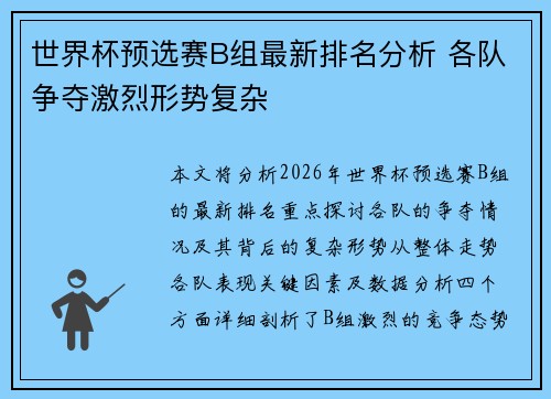 世界杯预选赛B组最新排名分析 各队争夺激烈形势复杂